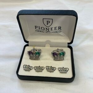 Mardi Gras Colored Crowns Cufflinks and Studs Set Silver Plate Finish